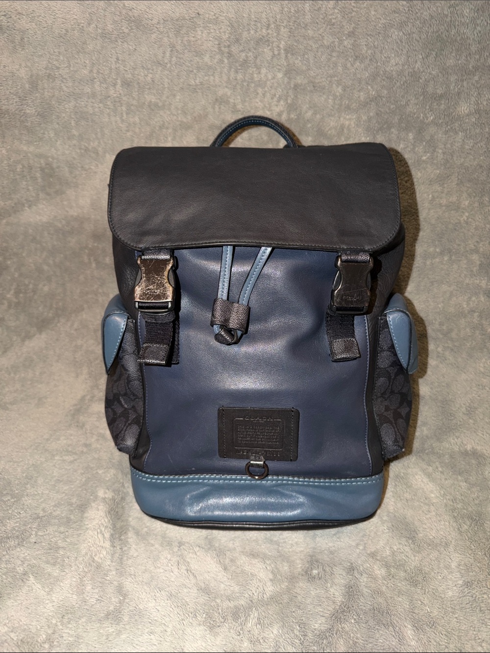 Coach Men’s Blue Leather & Signature Canvas Flap Backpack